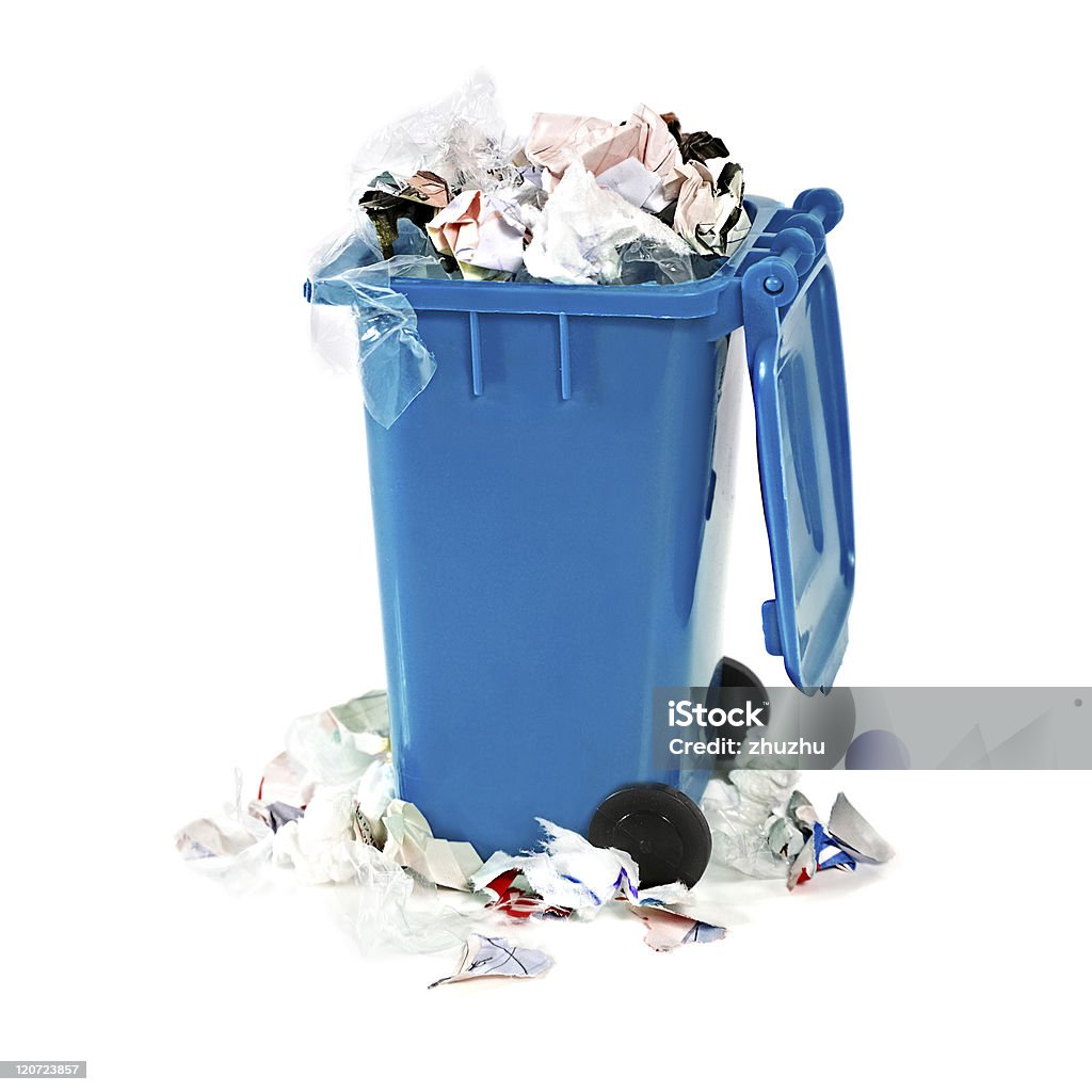 overflowing blue garbage bin overflowing blue garbage bin on white background Full Stock Photo