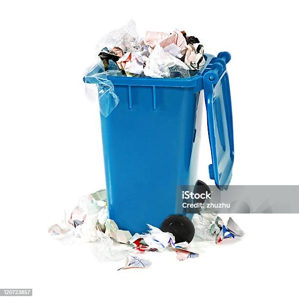 Overflowing Blue Garbage Bin Stock Photo - Download Image Now - Full, Wastepaper Basket, Garbage Bin