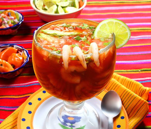 Cocktail of shrimps seafood mexican style chili sauce Cocktail of shrimps seafood mexican style chili sauce lemon seviche photos stock pictures, royalty-free photos & images