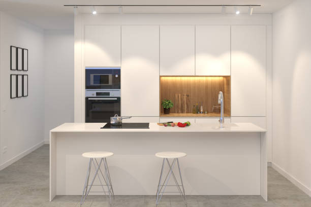 istock 3d render of modern white kitchen with island front 1207239796