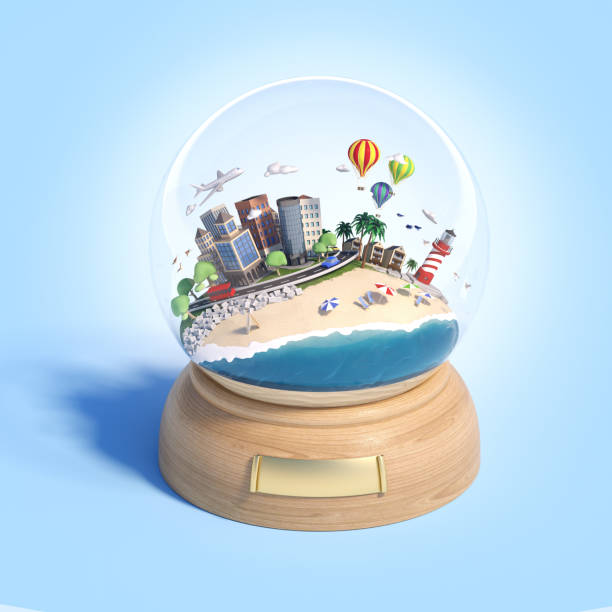 istock 3D rendering concept art island for lifestyle in a snow ball globe 1207240026