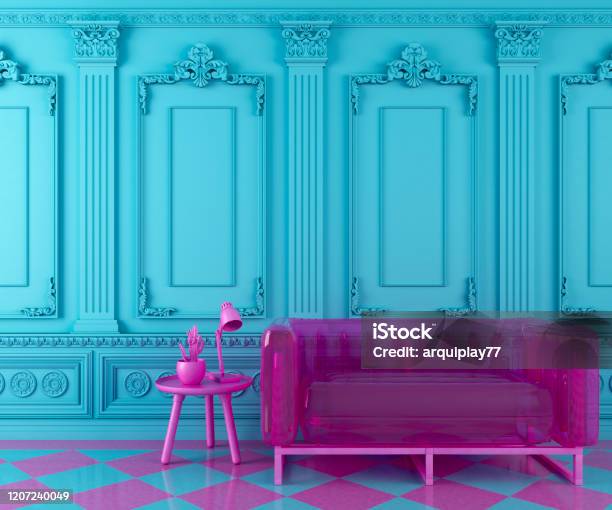 Vibrant Turquoise Blue Interior Design Background With Pink Modern Transparent Couch And Cofee Table Stock Photo - Download Image Now