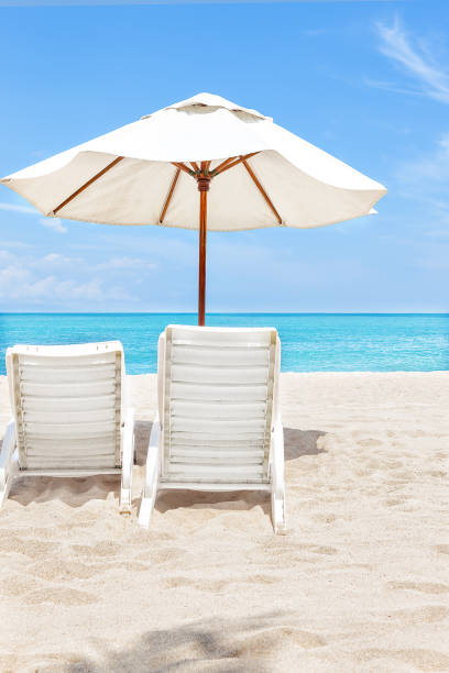 istock Back of the beach chairs and umbrellas on sand 1207245371
