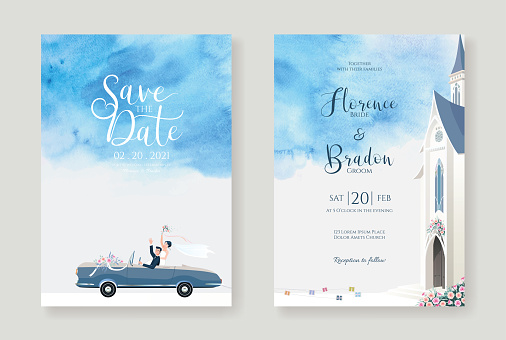 Set of wedding cards, Invitation, save the date template. Newlywed couple is driving a convertible, after Church ceremony image with blue watercolour  background.