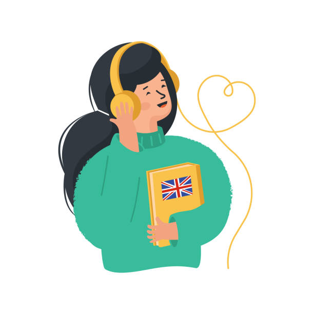 Online education concept. Girl listens to foreign language exercises by headphones. Online library Online education concept. Girl listens to foreign language exercises by headphones. Online library. english culture illustrations stock illustrations