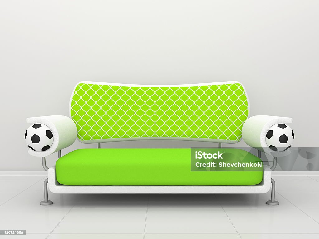 Green sofa with football symbolics Green sofa with soccer balls and a grid White Background Stock Photo