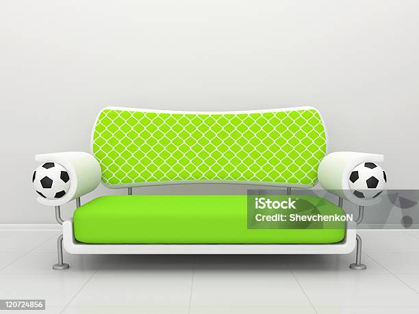 Green Sofa With Football Symbolics Stock Photo - Download Image Now - White Background, After Work, Armchair