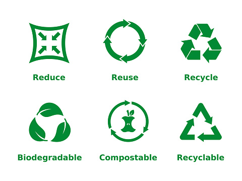 Six recycling concept signs on white background. Zero waste, ecofriendly, concept. Vector illustration, flat style, clip art.