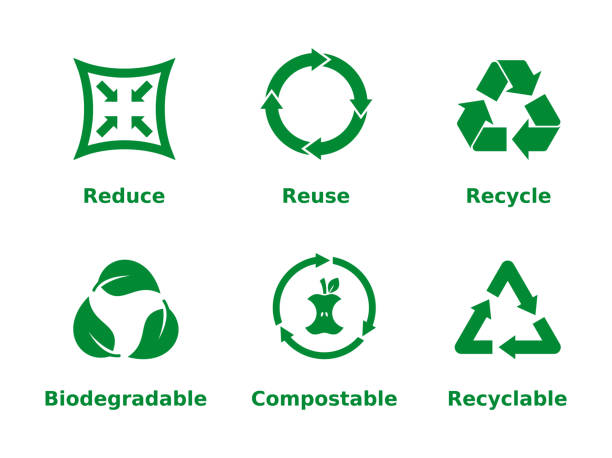 Reduce, reuse, recycle, biodegradable, compostable, recyclable, icon set. Six recycling concept signs on white background. Zero waste, ecofriendly, concept. Vector illustration, flat style, clip art. label clipart stock illustrations
