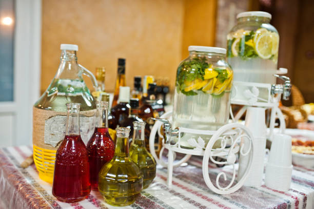Dessert table of cocktails beverages on wedding reception.