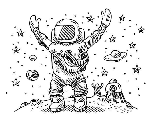 Cheering Astronauts Landing On The Moon Drawing Hand-drawn vector drawing of Cheering Astronauts Landing On The Moon. Black-and-White sketch on a transparent background (.eps-file). Included files are EPS (v10) and Hi-Res JPG. astronaut clipart stock illustrations