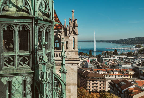 View from  the St. Pierre Cathedral on the fountain and part of the cathedral. stock photo