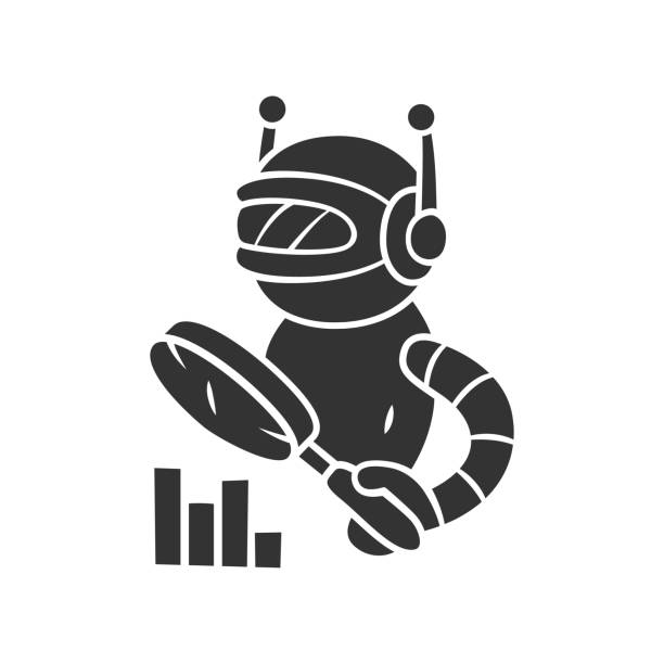 illustrazioni stock, clip art, cartoni animati e icone di tendenza di monitoraggio dell'icona del glifo bot. monitorare i tempi di attività dei siti web. apprendimento automatico. intelligenza artificiale. robot internet con lente d'ingrandimento. simbolo di siluetta. spazio negativo. illustrazione isolata vettoriale - uptime