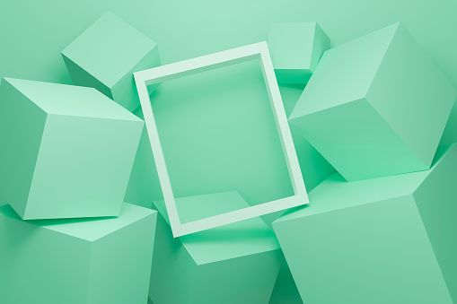 Textura de fondo verde abstracta con forma geométrica. Pared de cubo 3d. Maqueta mínima con marco de imagen blanco y concepto de escena de podio pastel verde. Diseño de renderizado 3d para el producto de visualización en el sitio web. photo
