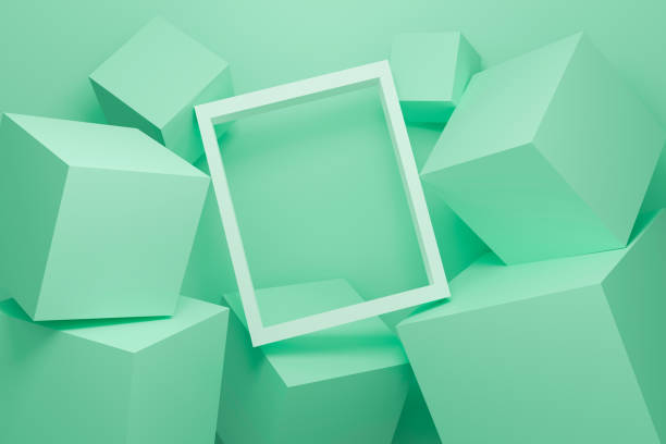 abstract green background texture with geometric shape. 3d cube wall. minimal mockup with white picture frame and green pastel podium scene concept. 3d render design for display product on website. - cor verde ilustrações imagens e fotografias de stock