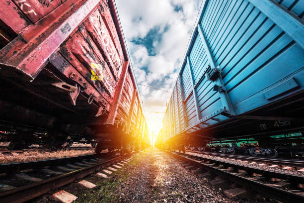 istock freight trains, red and blue, stand on a railway against 1207251110