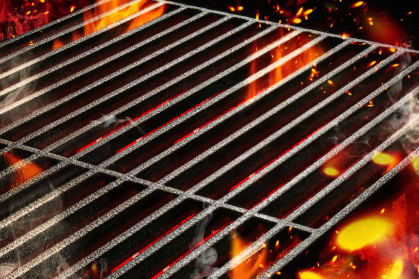明るい炎の火と残り火とホット空のポータブル夏のバーベキューバーベキューグリル。クックアウトのコンセプト。クローズアップ - prepared fish fish grilled close up ストックフォトと画像