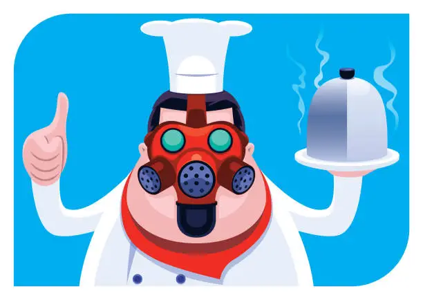 Vector illustration of chef wearing gas mask and giving thumbs up