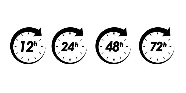 ilustraciones, imágenes clip art, dibujos animados e iconos de stock de 12, 24, 48 y 72 horas iconos de flecha de reloj. ilustración vectorial aislada sobre fondo blanco. tiempo de trabajo o tiempo de servicio de entrega. - clock face store time sign