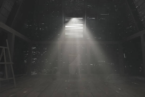 istock 3d rendering of darken empty attic with light rays through holes in the roof 1207253668