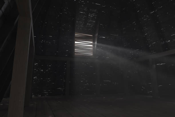 istock 3d rendering of darken empty attic with light rays through holes in the roof 1207253687
