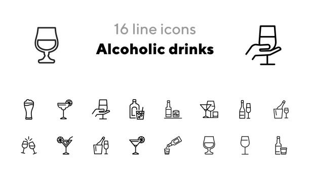 Alcoholic drinks icon Alcoholic drinks icon. Set of line icons on white background. Martini, toast, whiskey. Beverage concept. Vector illustration can be used for topics like wine menu, bar, drinks alcoholism stock illustrations