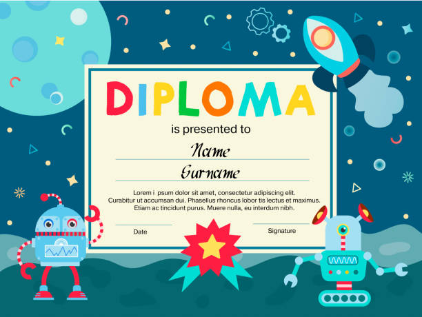 Space Life Robots Diploma Сertificate Vector Illustration Space Life Robots Diploma Сertificate Vector Illustration Rewarding winners and participants in games, competitions, quests, entertainment programs for children's parties, birthday. astronaut borders stock illustrations
