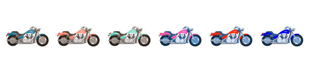 Set of vector of chopper motorcycles isolate on white background in different colours. Side view. Print for t-shirt, poster Set of vector of chopper motorcycles isolate on white background in different colours. Side view. Print for t-shirt, poster. Horizontal banner helicopter free drawing stock illustrations