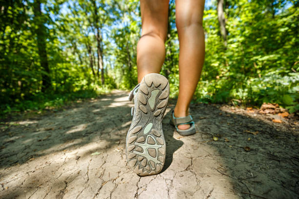Young girl backpacker in jeans shorts with red backpack and sandals on his feet, walks on the road in the green forest in the sunshine outdoors in the summer time stock photo