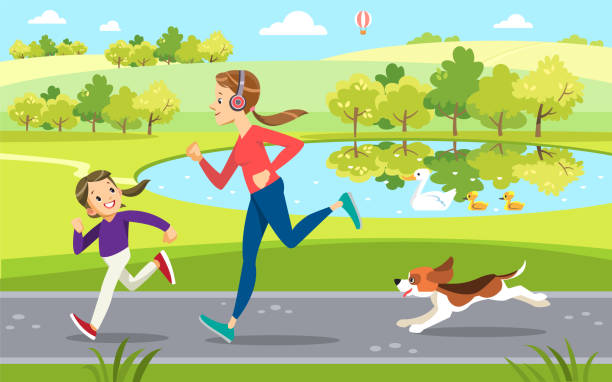 illustrations, cliparts, dessins animés et icônes de mère et descendant jogging avec le crabot mignon dans le stationnement, le long du lac. concept de maternité de l’éducation des enfants. illustration de vecteur. - jogging walking footpath women