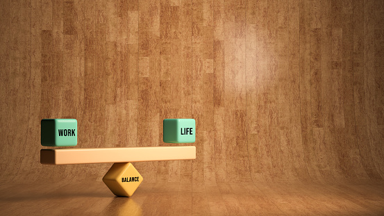 cubes forming scale with the words WORK, LIFE and BALANCE - 3d rendered illustration