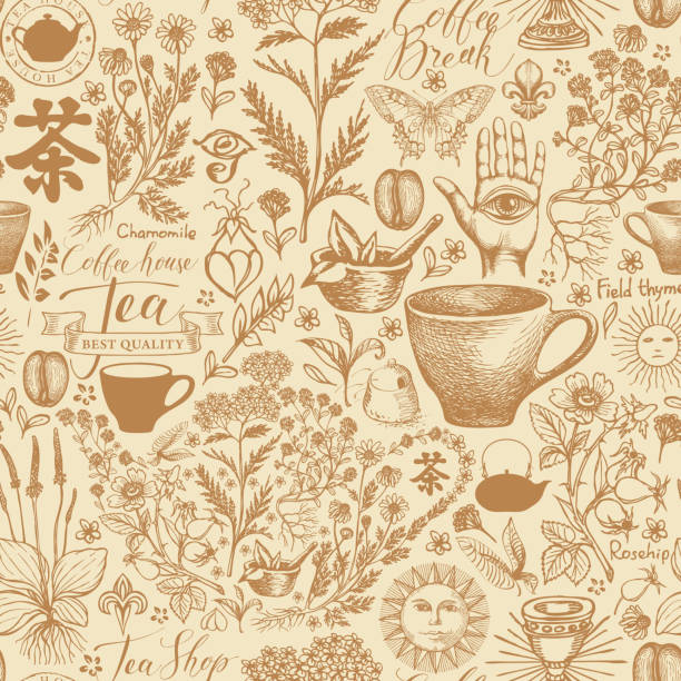 お茶のテーマにベクトル手描きシームレスパターン - 紅茶点のイラスト素材／クリップアート素材／マンガ素材／アイコン素材