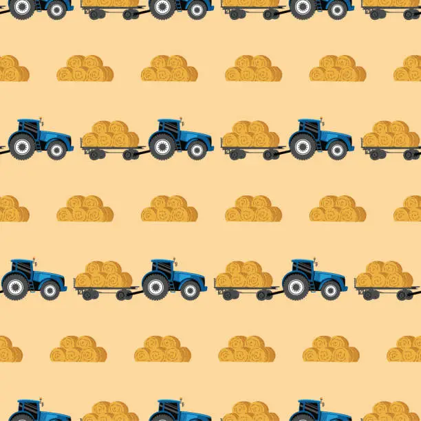 Vector illustration of Farm Seamless Pattern: Tractor And Bales Of Hay