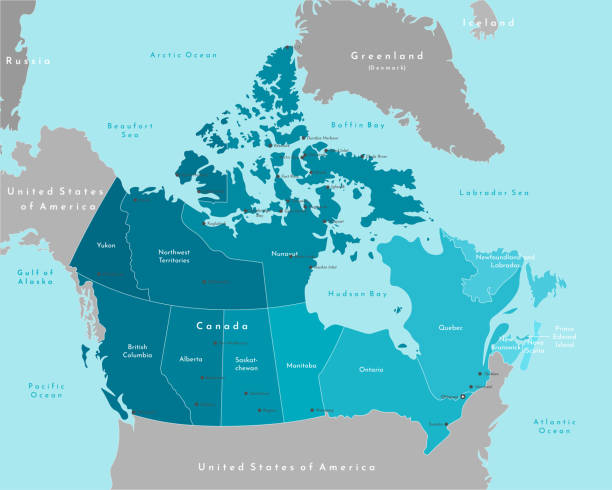 ilustraciones, imágenes clip art, dibujos animados e iconos de stock de ilustración moderna vectorial. mapa geográfico simplificado de canadá y las zonas más cercanas. fondo azul de mares y océanos. nombres de las ciudades (ottawa, toronto, etc.) y provincias. - canadian province