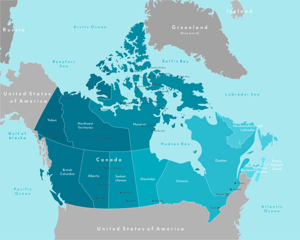 ベクトルモダンイラスト。カナダと最も近い地域の単純化された地理マップ。海と海の青い背景。都市の名前 (オタワ、トロントなど) と州。 - canadian province点のイラスト素材／クリップアート素材／マンガ素材／アイコン素材