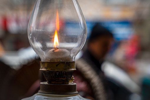 Close up of burning oil glass lamp lighting, gaz lambasi, idare lambasi