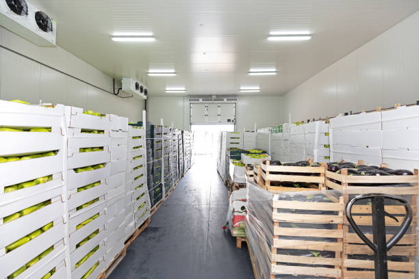 Produce Storage Unit Fresh Food in Boxes at Pallets Cold Storage cold storage stock pictures, royalty-free photos & images