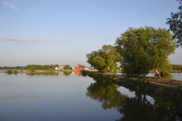 Earthen Dyke, Trees Shadow on the Still Water Surface stock photo