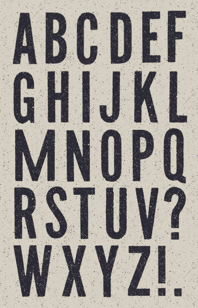 Black and White vintage newspaper alphabet Vector sans serif vintage alphabet with halftone texture on a grey textured background printout stock illustrations