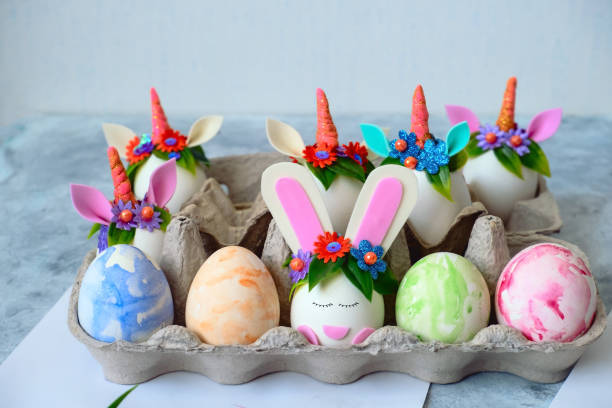 istock painted eggs and eggs decorated with bunny ears and unicorn horns 1207271670