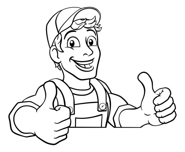 illustrations, cliparts, dessins animés et icônes de handyman cartoon caretaker construction man sign - thumbs up repairman human thumb electrician