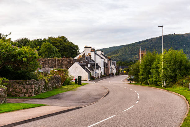 Inveraray Scotland The road leading through the town of Inveraray, Scotland, UK in summer. loch fyne stock pictures, royalty-free photos & images