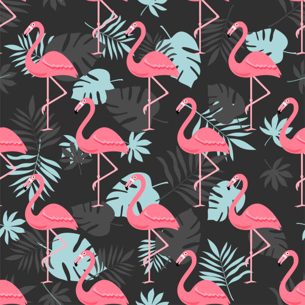 illustrazioni stock, clip art, cartoni animati e icone di tendenza di fenicotteri in foglie di palma, sfondo senza cuciture, motivo. illustrazione vettoriale. - white pink flamingo blue