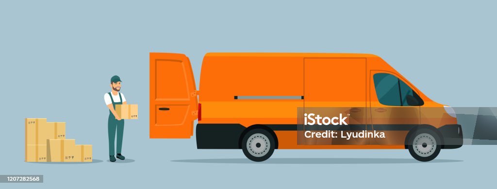 Van Loading Vector Worker Loads Boxes In A Cargo Van Vector Flat Style Illustration Stock ...