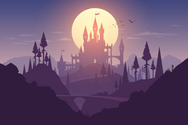 landschaft mit schloss und sonnenuntergang illustration - fairy tale stock-grafiken, -clipart, -cartoons und -symbole