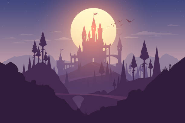 ilustraciones, imágenes clip art, dibujos animados e iconos de stock de paisaje con ilustración de castillo e puesta de sol - cuento de hadas