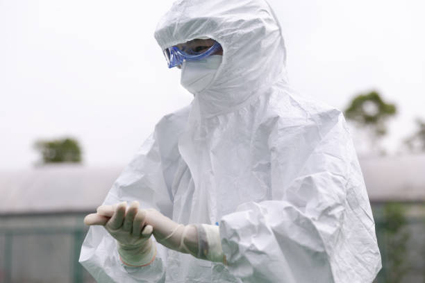 cdc staff with protective workwear. - protective suit fotos imagens e fotografias de stock