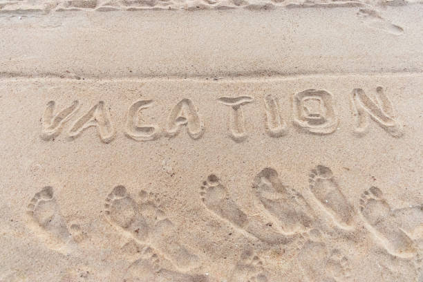 istock The inscription vacation in the sand on beach and footprints 1207285249