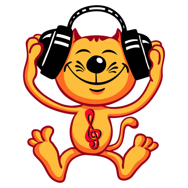 Funny Cartoon Catmusic Lover Listens To Music With Headphones Orange Kitty  Enjoying The Music Stock Illustration - Download Image Now - iStock
