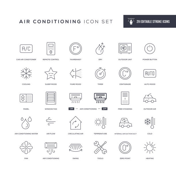 Air Conditioning Editable Stroke Line Icons 29 Air Conditioning Icons - Editable Stroke - Easy to edit and customize - You can easily customize the stroke with wind icons stock illustrations